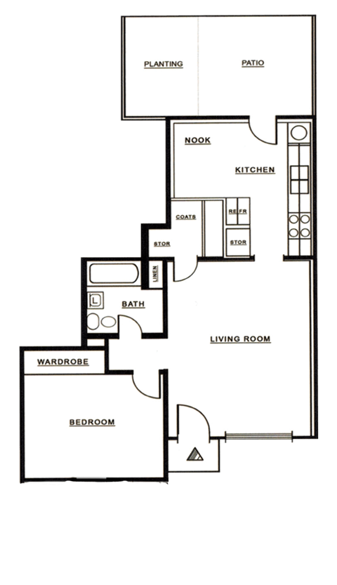 Floor plan for 1 bed, 1 bath, 608 sqft